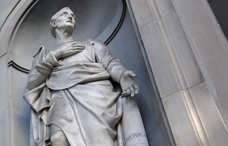 Statue of explorer Amerigo Vespucci at the Uffizi in Florence, Italy.
