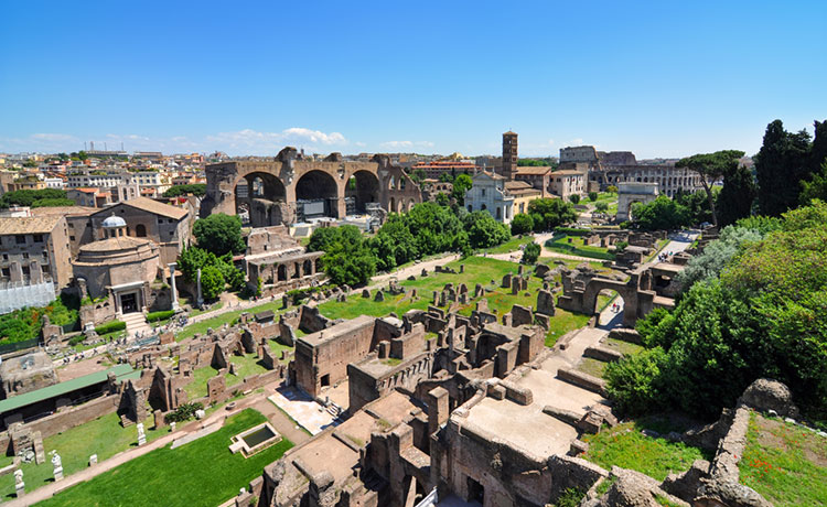 Overhead view of Forum Romanum in Rome, Italy.