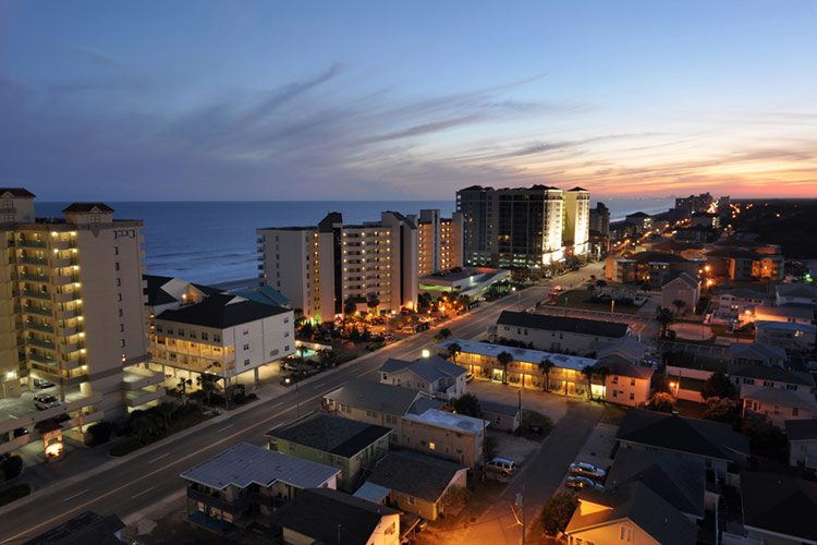 City lights and hotels on the coast at Myrtle Beach.